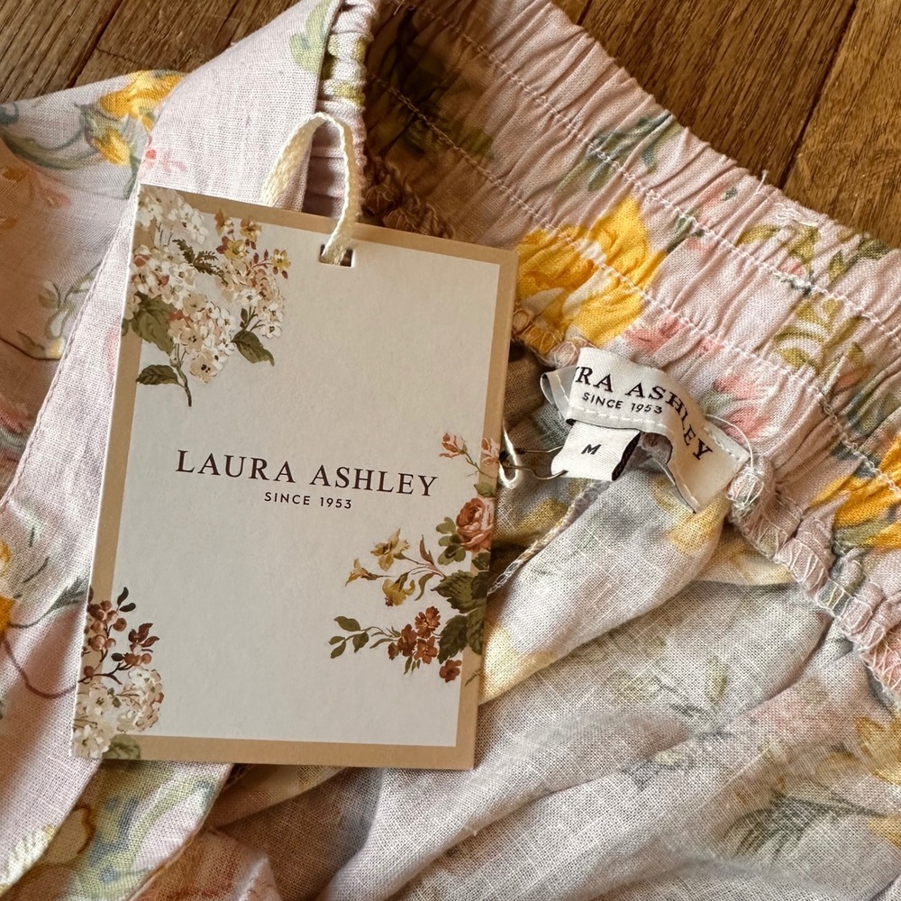 Laura Ashley Floral Wide Leg Pants Womens‎ M Belted Linen Blend Modern READ - Picture 7 of 10